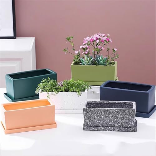Planter Green Rectangles Flower Pot Ceramic Plant Pot with Saucers Tray and Drainage Holes for Balcony Living Room Bedroom Windowsill Flower Pots(Large) - Image 5