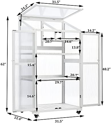Knocbel 62" Height Portable Wooden Cold Frame Greenhouse with Wheels, Openable Roof and Adjustable Shelves, Flower Plants Shelf for Balcony Outdoor Indoor Backyard (White) - Image 3