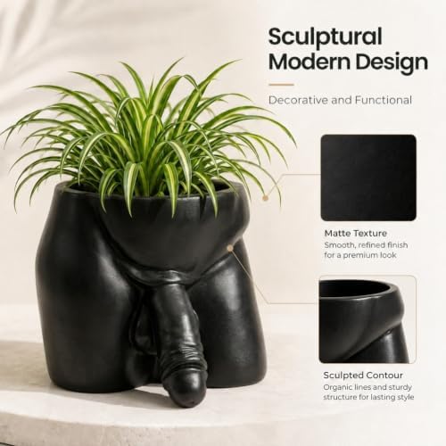 Penis Planter, Funny Plant Pots for Indoor Plants, Resin Male Body Planter Pot, Unique Succulent Pots & Cactus Pot with Drainage Hole, Naughty Gag Gift Penis Decor for Desk Bathroom，Black：Large - Image 3
