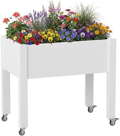 Raised Garden Bed with Wheels, Resin Elevated Planter Box, White by NBYSGO