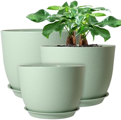 UOUZ 12/10/9 Large Modern Plant Pots, Plastic Planters with Drainage Holes and Saucers for Indoor Outdoor Plants Flowers, Green by UOUZ