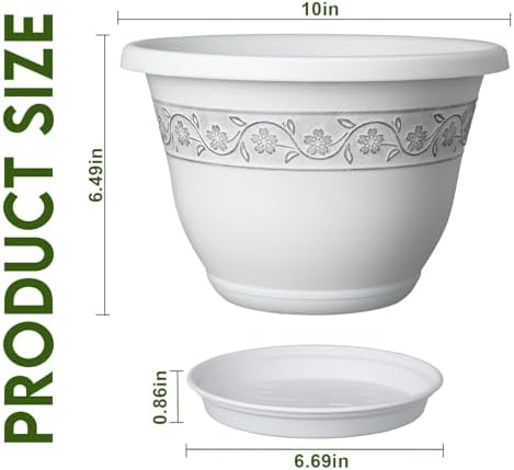 10 Inch Plant Pots with Drainage Hole - Lightweight Flower Pots for Herbs and Flowers - Home Decor Plastic Planters for Indoor Outdoor Plants- Pack of 4 (White, 10 inch) - Image 2