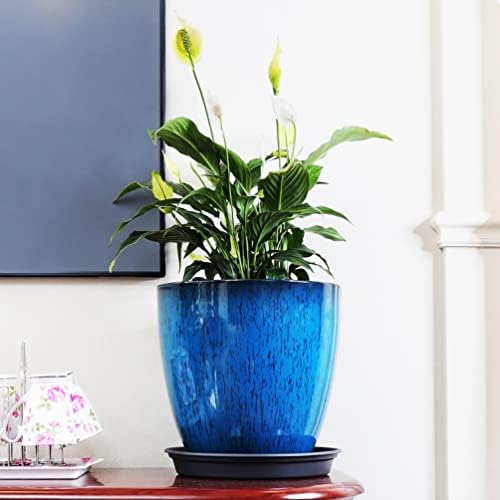 FixtureDisplays® Garden Plastic Round 11.8" Diameter 12" Tall Planter Resin Glazed Faux Ceramic Flower Pots Drainage Hole with Saucer Decorative Pot 15580-NF - Image 3