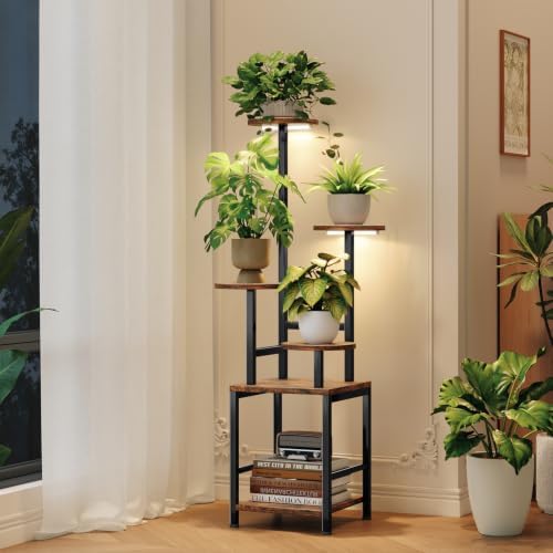 Homsorout Round Plant Stand Indoor with Grow Light, 5-Tiered Tall Plant Stand Indoor, Metal Plant Shelf with Adjustable Light, Ideal for Living Room, Garden, Patio (Black Brown) by Homsorout