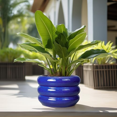 SQOWL Ceramic Plant Pot 13.5 Inch - Large Planter for Outdoor Plants Round Indoor Flower Pot with Drainage Hole Decorative Planter Modern Home Decor Blue - Image 5