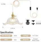 Plug in Pendant Light Vintage 2 Pack, Adjustable Pulley Hanging Lamp with Clear Lily Glass Shade, Brass Hanging Lights with Plug in Cord, Gold Hanging Pendant Light for Bedroom Living Room Kitchen - Image 6