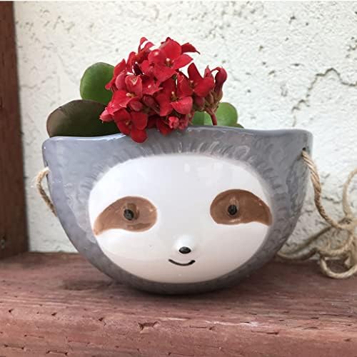 SILVERFEVER Sloth Hanging Planter | Succulent Plant Pot |Indoor Outdoor Ceramic Animal Planters Pots| Flowerpot Container (1, Grey-Sloth Face) - Image 2