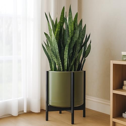 D'vine Dev Ceramic Pot with Ebony Wood Stand, Olive, 14 in, 55-B-S-J - Image 2