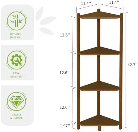 Wisuce Bamboo Small Corner Shelf Stand, 4-Tier Brown Corner Bookshelf - Image 2
