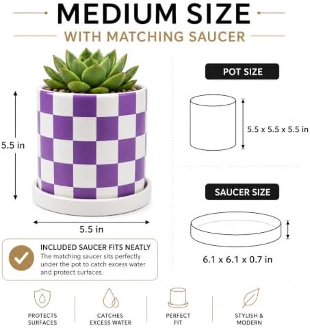 Checkered Ceramic Planter Pot with Drainage Hole and Saucer, Black and White Planters Decor,Indoor Cylinder Round Planter Pot (Purple, Medium) - Image 2
