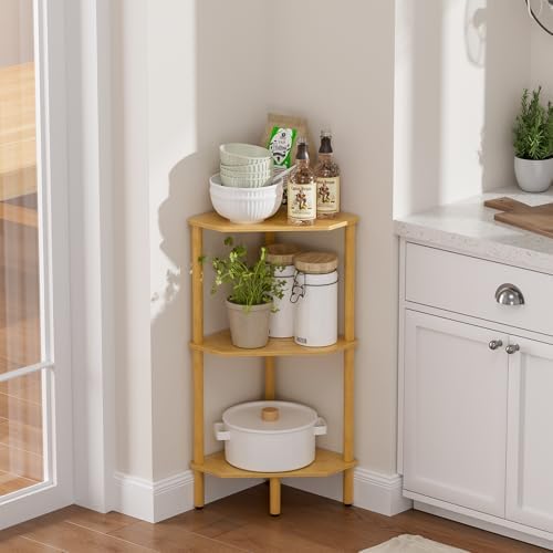 3 Tier Bamboo Corner Shelf, Storage Stand with Adjustable Feet, Small Spaces Corner Bookshelf, Plant Stand, Space-Saving Organizer Shelves, Small Corner Table for Bathroom Kitchen Living Room by Atoping