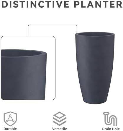 Kante 23.6" H Charcoal Concrete Tall Planters Two Pack, Large Outdoor Indoor Garden Plant Pots with Drainage Hole and Rubber Plug, Modern Decor for Home and Garden - Image 4