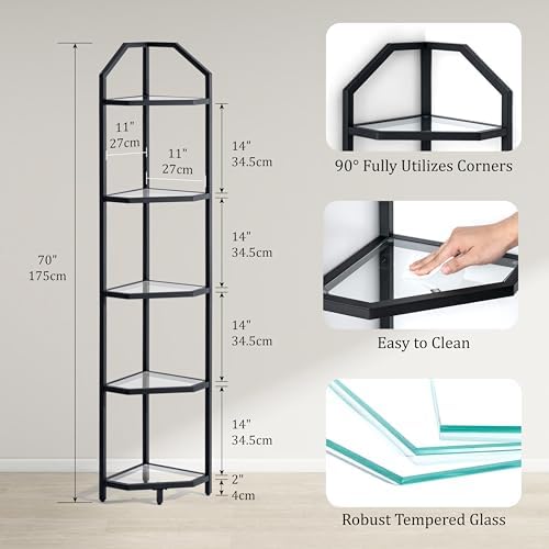 5-Tier Corner Shelf Stand, Black Corner Bookshelf, Bathroom Storage Rack Shelf, Plant Rack, Tempered Glass, Steel Frame, Modern Style for Living Room, Bathroom, Kitchen, Metallic Black - Image 3