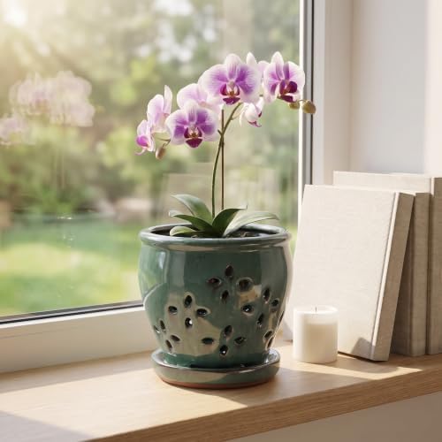 Ceramic Orchid Pot with Drainage Holes and Saucer, Vent Holes，Blue：5.9 Inch - Image 6