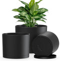 Plant Pots, 10/9/8 Inch 3 Pack Cylindrical Flower Pots with Drainage Holes and Saucers, Plastic Planters for Outdoor Indoor Plants,Black by KUGAZ