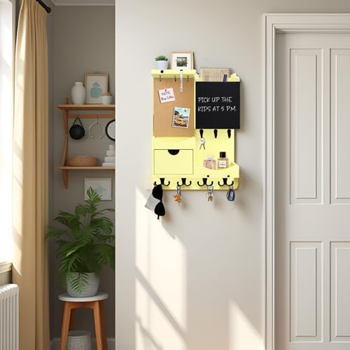 Key Holder Wall Mount with Drawer and Mail Organizer, Ivory Yellow - Image 4