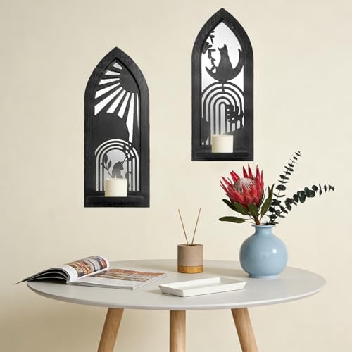 ZEXUIRU 2 Set Rustic Candle Sconces Living Room Bedroom Entryway Wood Mirrored, Farmhouse, Carved Frame Wall-Mount Wooden Candle Holders Wall Decor Hanging Handmade Holder - Black - Image 6