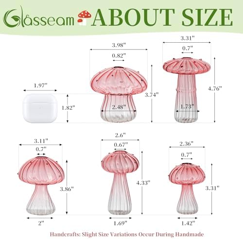 Glasseam Mushroom Glass Bud Vase Set of 5, Pink Small Vases for Flowers - Image 6