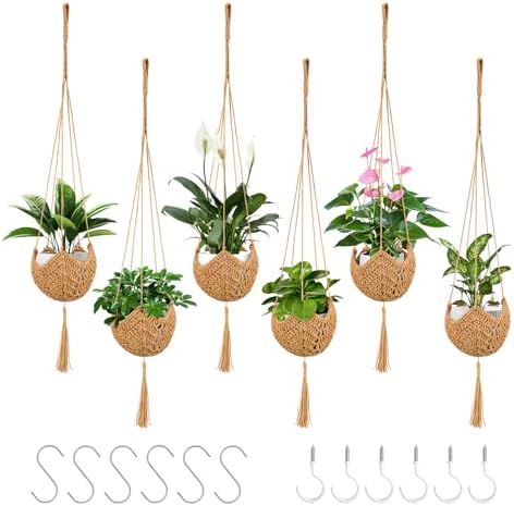VZZNN 6 Pack Hand-Woven Macrame Plant Hanger - Hanging Plant Holder with 12 Hooks for Indoor Green Plant Hanging and Bohemian Style Home Decor (Brown) by VZZNN