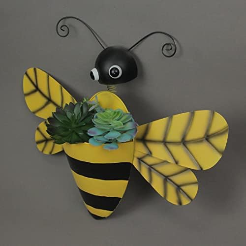 Bumble Bee Wall Pocket Planter, 21 Inch Black and Yellow Metal Vase - Image 2