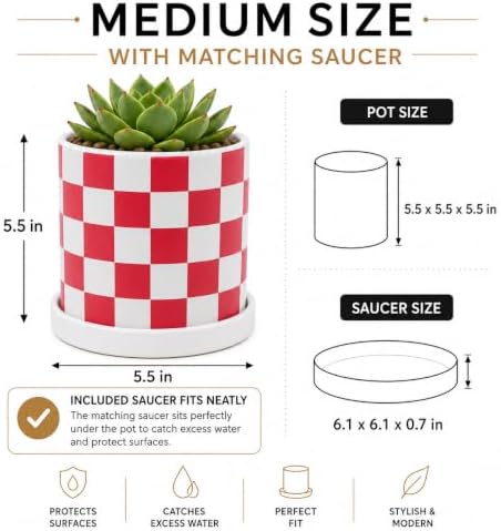 Checkered Ceramic Planter Pot with Drainage Hole and Saucer, Black and White Planters Decor,Indoor Cylinder Round Planter Pot (Red, Medium) - Image 2