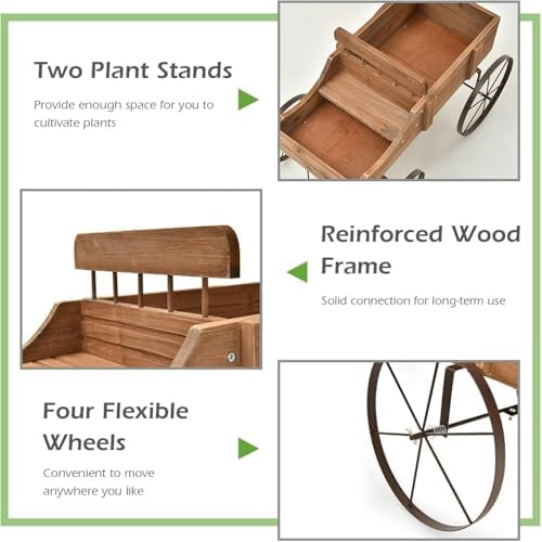 DORTALA Wood Wagon Planter, Outdoor Garden Flower Planter Cart with Wheels, Small Decorative Wood Raised Bed Plant Pot Box Stand for Backyard, Patio, Balcony, Natural - Image 5