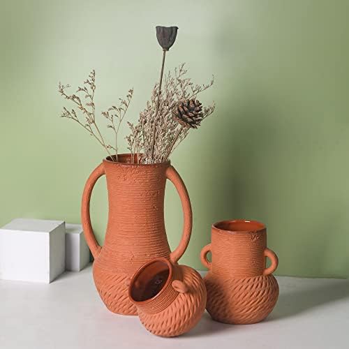 Terracotta Vases Sets of 3, Farmhouse Decor, Ceramic Vase for Flower, Wide Mouth Rustic Home Decor Vases for Flowers, Living Room, Table,Shelf and Accessories, Terracotta - Image 2