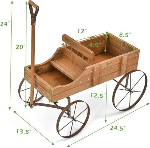 DORTALA Wood Wagon Planter, Outdoor Garden Flower Planter Cart with Wheels, Small Decorative Wood Raised Bed Plant Pot Box Stand for Backyard, Patio, Balcony, Natural - Image 3