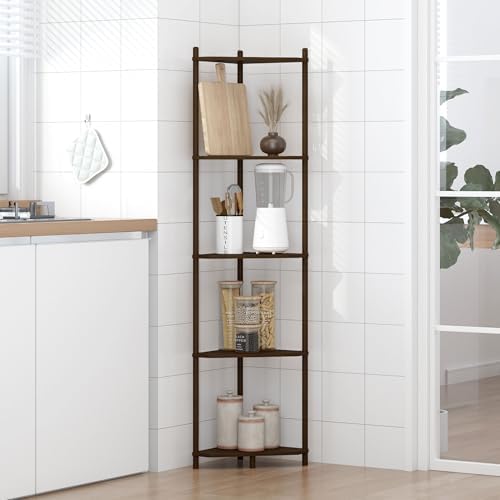 Wisuce Brown Tall Corner Shelf Stand, 5-Tier Bamboo Corner Bookshelf - Image 6