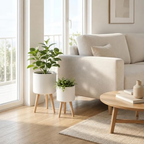 2 Pack Plant Stand Indoor Metal Planter Holder Wooden Leg Modern White - Image 2
