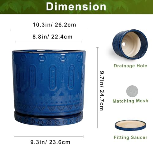 Eightpot 10 Inch Plant Pot - Ceramic Planter Outdoor Plant Pot Indoor with Drainage Holes and Saucer Large Flower Pot Round Decorative Planter for Garden Patio Decor Blue - Image 3