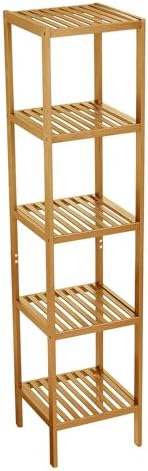 Garvee 5-Tier Bamboo Shelf Narrow Bathroom Shelf with Slatted Shelves Natural Wood Plant Stand Standing Towel Rack Corner Rack for Bathroom Entryway Bedroom Kitchen Sunroom by Garvee