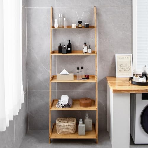 Tangkula 5-Tier Ladder Shelf Bookcase, Bamboo, 72”H, Natural - Image 5