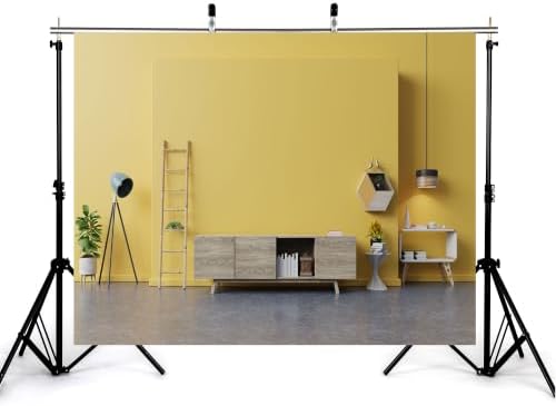 10x8ft Fabric Mustard Yellow Wall Living Room Backdrop Light Wood Sideboard Bamboo Ladder Green Plant Geometric Wall Shelf Interior Background Party Home Decorations Photo Booth Props - Image 3