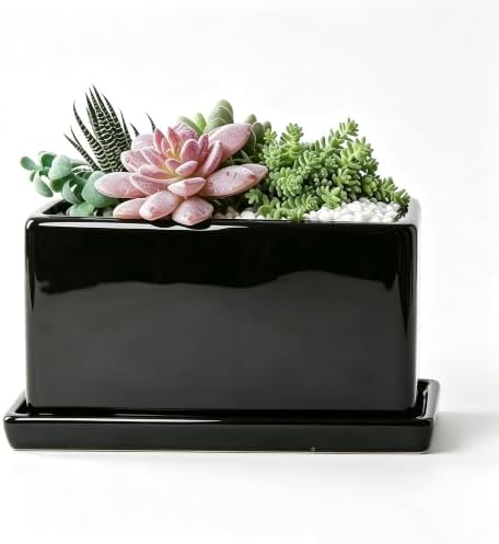 8 Inch Rectangular Ceramic Plant Pot, Window Box, Glazed Black by Unknown