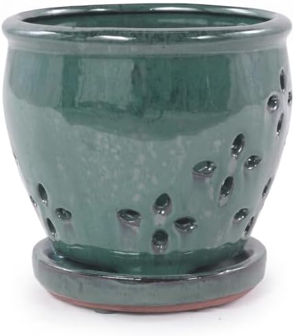 Ceramic Orchid Pot with Drainage Holes and Saucer, Vent Holes，Green：7.5 in by Unknown