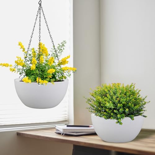 Meowell 12 inch Large Hanging Planters for Indoor Outdoor Plants, 2 Pack Hanging Flower Pots with Drainage Holes and Chain for Garden Porch, Plastic Hanging Baskets for House Plants, White - Image 5