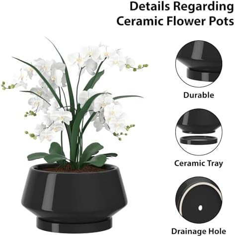8.3 Inch Black Ceramic Planter with Drainage Hole and Saucer - Image 3