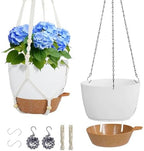 Meowell 10 inch Self Watering Hanging Planters, 2 Pack Hanging Baskets for Indoor Outdoor Plants, Hanging Flower Pots with Drainage Holes & 2 Kinds of Plant Hangers for Garden Home Décor, White Brown by Meowell