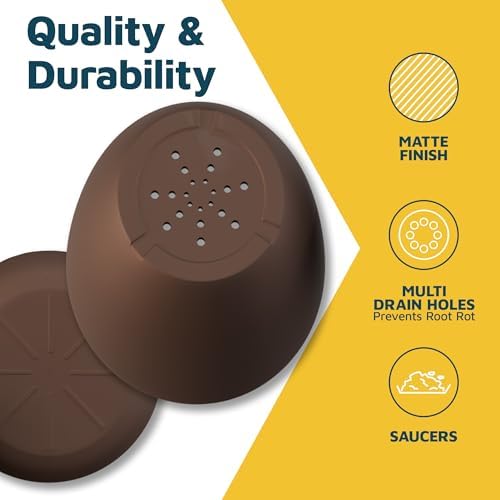 Brown Plant Pots with Drainage Holes & Saucers 15 Pack, Indoor & Outdoor Stackable Space-Saving Planters for Houseplants & Flowers, (7", 6.7", 6", 5.3", and 4.8" Inches), Durable & Weatherproof - Image 7