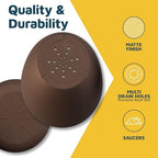 Brown Plant Pots with Drainage Holes & Saucers 15 Pack, Indoor & Outdoor Stackable Space-Saving Planters for Houseplants & Flowers, (7", 6.7", 6", 5.3", and 4.8" Inches), Durable & Weatherproof - Image 7