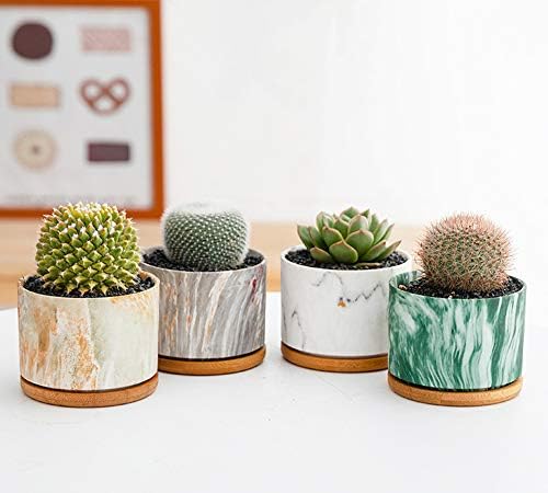4 pcs 4 Inches Ceramic Marbleizing Style, Big Planters with Bamboo Trays (Colorful) - Image 5