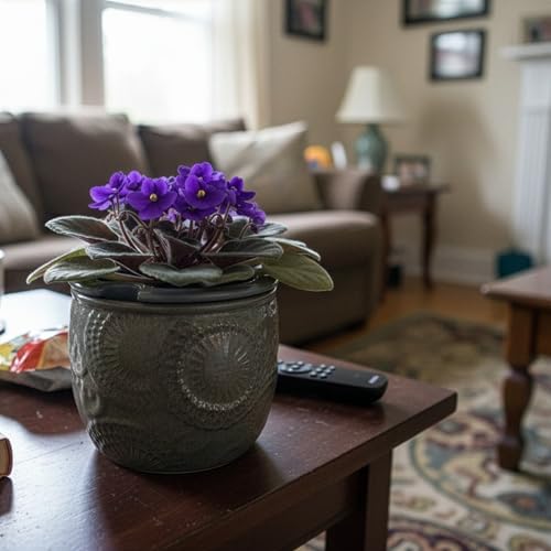 HERDUK 6.5” Ceramic Self Watering African Violet Planter with Embossed Floral Design – Durable Indoor Plant Pot for Orchids, Succulents, and Houseplants - Image 4