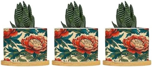 Chinoiserie Coral Peony Floral Ceramic Planter Floral Botanical Painting Planters for Indoor Plants with Drainage Holes and Saucers Pot for Indoor Outdoor Garden by BRUYU5SE