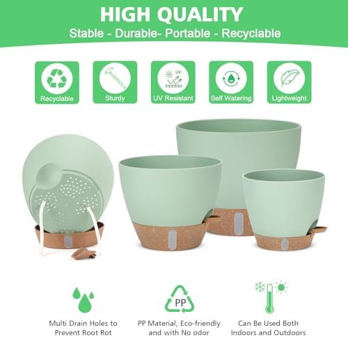 Self Watering Planter for Indoor Plants, 12" 10" 9" 8" Plastic Large Flower Pot Set with Water Level Indicator Deep Reservoir Saucer, Big House Bottom Watering Plant Pots with Drainage Hole - Green - Image 5