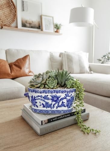 Blue and White Ceramic Planter Pot – Vintage Floral Oval Cachepot Vase for Indoor Plants, Flowers & Succulents – Glazed Chinese Porcelain Style Decorative Bowl – 7.4" Size – No Drainage - Image 5