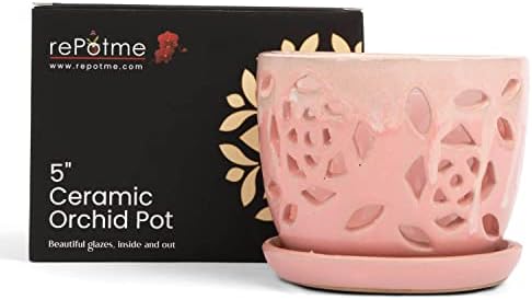 rePotme Orchid Pot - 5 inch Floral Cutout Ceramic Orchid Pot with Holes (Cream Over Cotton Candy) - Includes 5 inch Slotted Pot Liner - Image 2