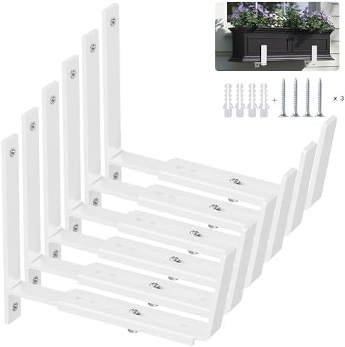 Y&M 6 Pack Adjustable Planter Brackets (6 to 12.5 in), Universal Window Box Brackets, Heavy Duty Iron Flower Box Wall Mounting Hooks for Balcony, Fences, Patio, and Garden - White by YM