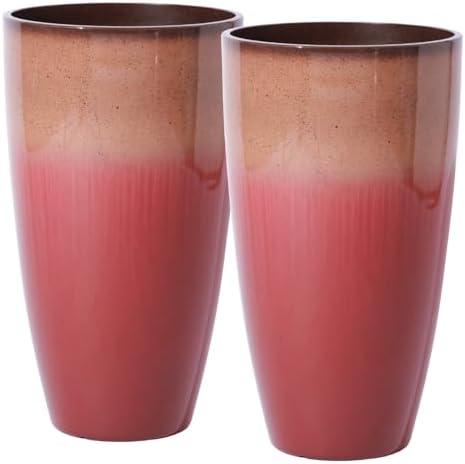 Outdoor Planter 21" Tall Planters Gardening Pots with Insert Shelf Accessories Weather-Resistant Plastic Flower Pot Front Porch Decor, Tan to Burgundy Gradient by SESUN-E