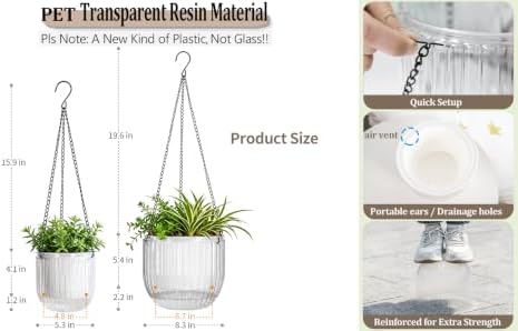 Melphoe Self Watering Hanging Planters Indoor Flower Pots, (8.3’’+8.3’’+5.3''+5.3'' 4Pack) - Outdoor Hanging Plant Pot Basket, Plant Hanger with 3Hooks Drainage Holes for Garden Home (White) - Image 6